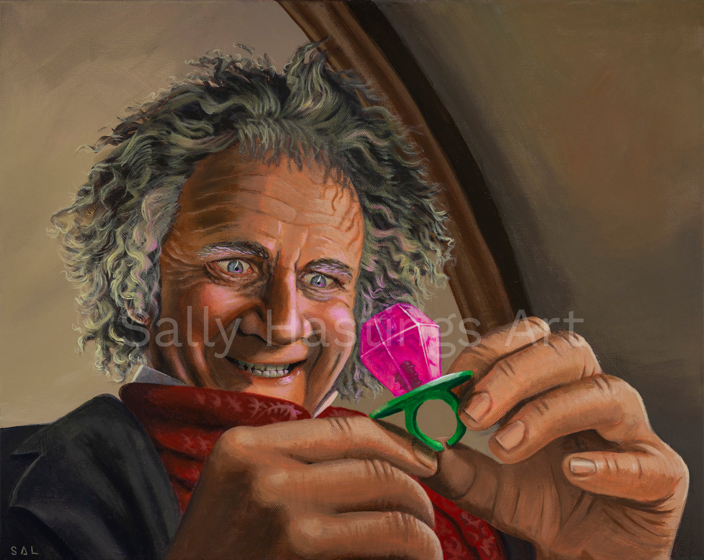 Bilbo Baggins with a Ring Pop Original Painting in the Lord of the Rings Ring Pops collection by Sally Hastings