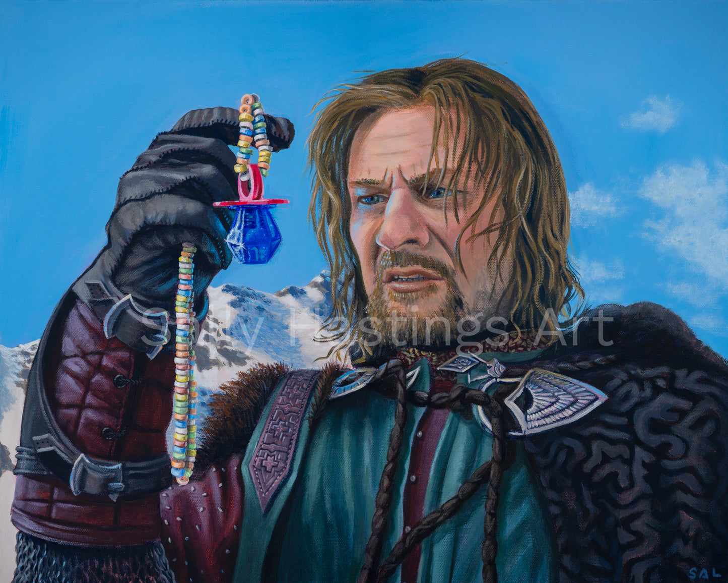 Boromir holding a ring pop and candy necklace Original Painting in the Lord of the Rings Ring Pops collection by Sally Hastings