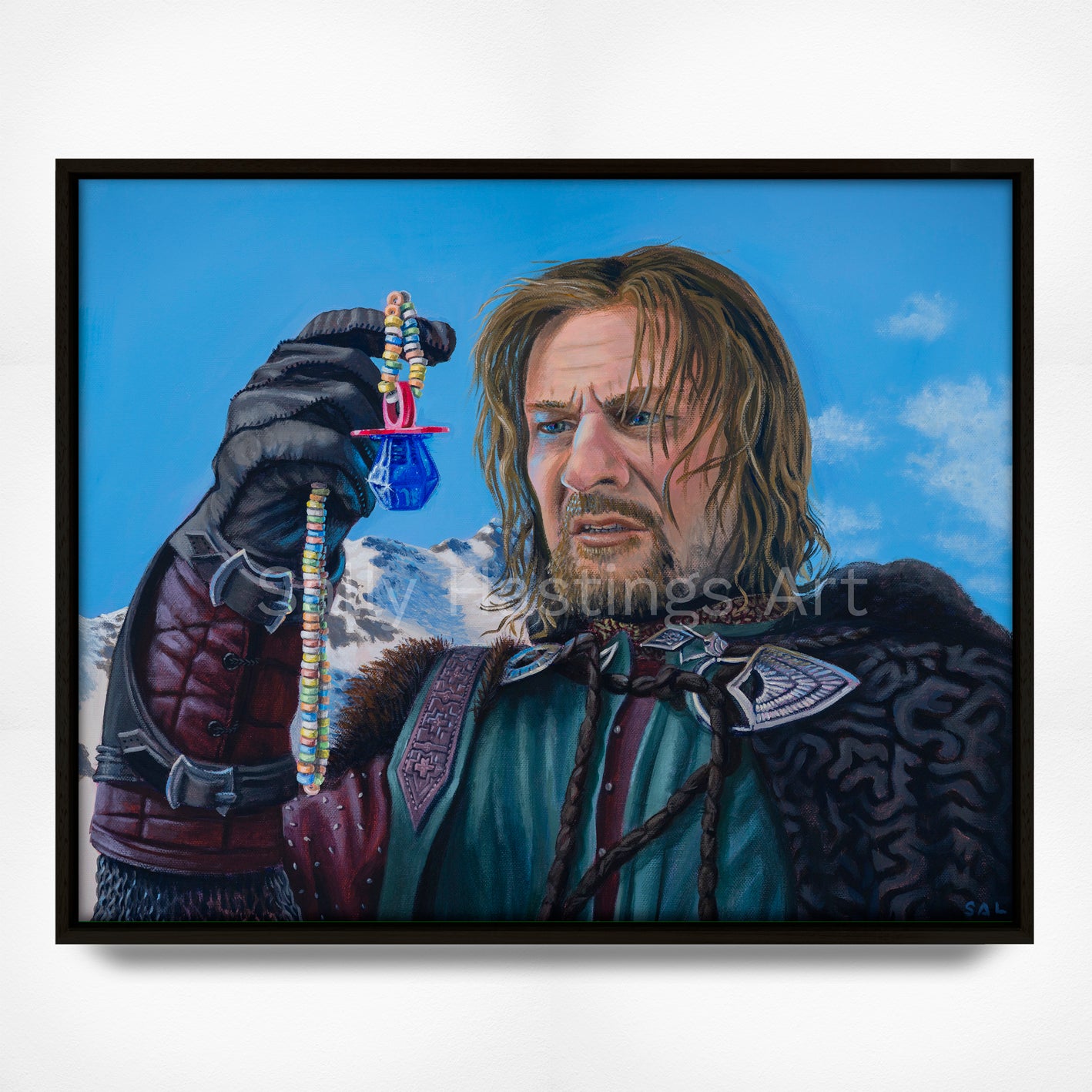 Boromir holding a ring pop and candy necklace Original Painting in the Lord of the Rings Ring Pops collection by Sally Hastings