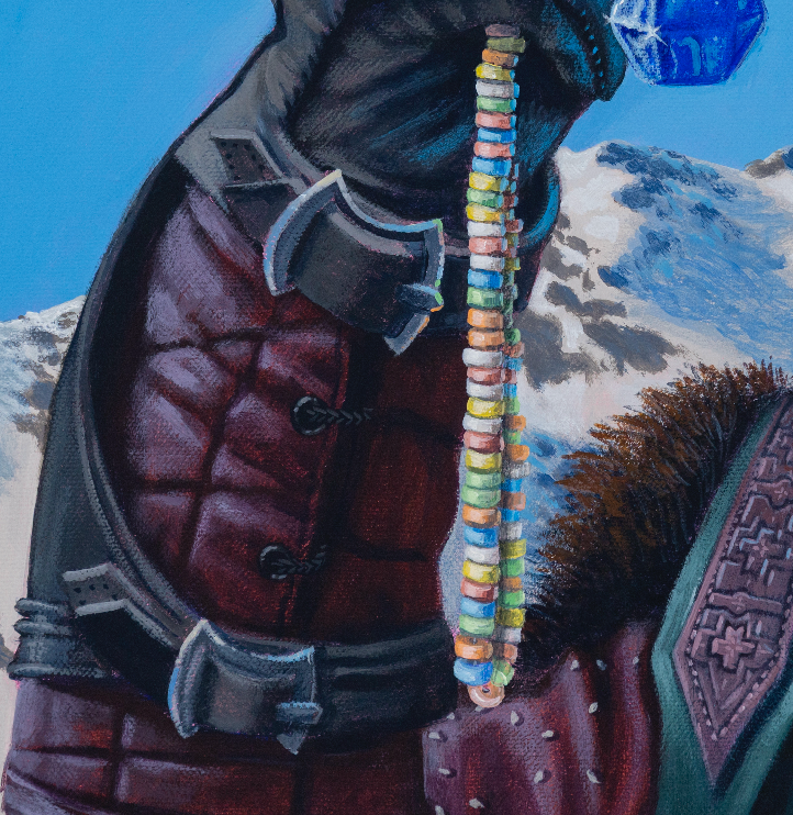 close up Boromir holding a ring pop and candy necklace Original Painting in the Lord of the Rings Ring Pops collection by Sally Hastings