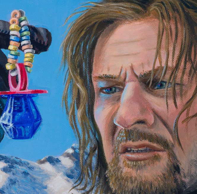 close up Boromir holding a ring pop and candy necklace Original Painting in the Lord of the Rings Ring Pops collection by Sally Hastings