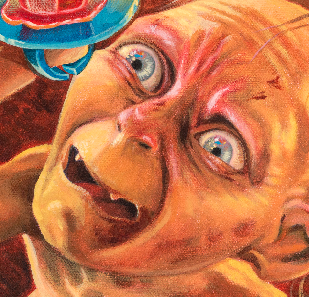 close up Gollum with his precious Original Painting in the Lord of the Rings Ring Pops collection by Sally Hastings