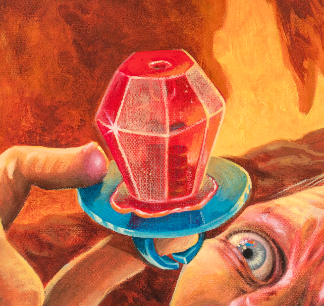 close up Gollum with his precious Original Painting in the Lord of the Rings Ring Pops collection by Sally Hastings