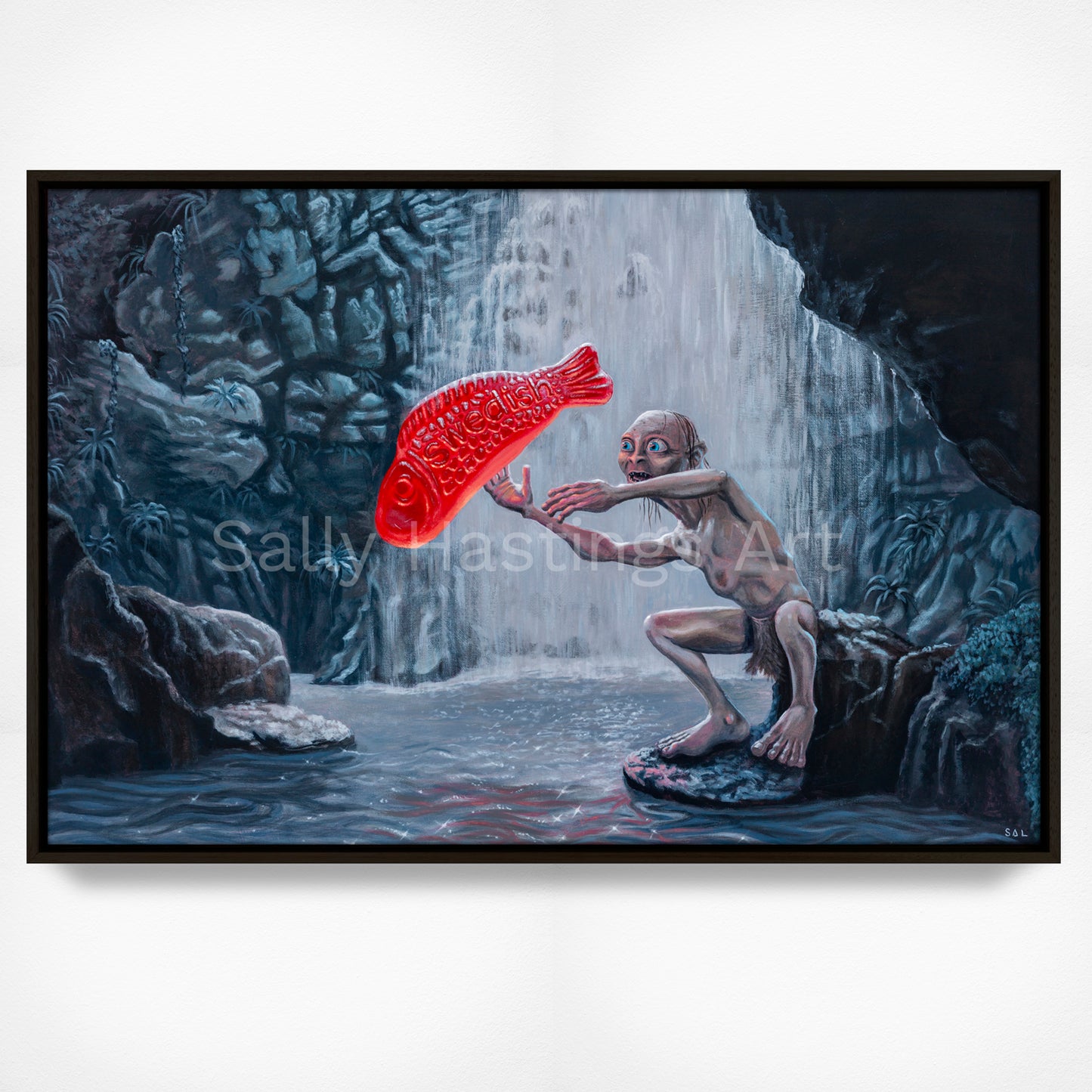 Gollum with a Swedish Fish Original Painting in the Lord of the Rings Ring Pops collection by Sally Hastings