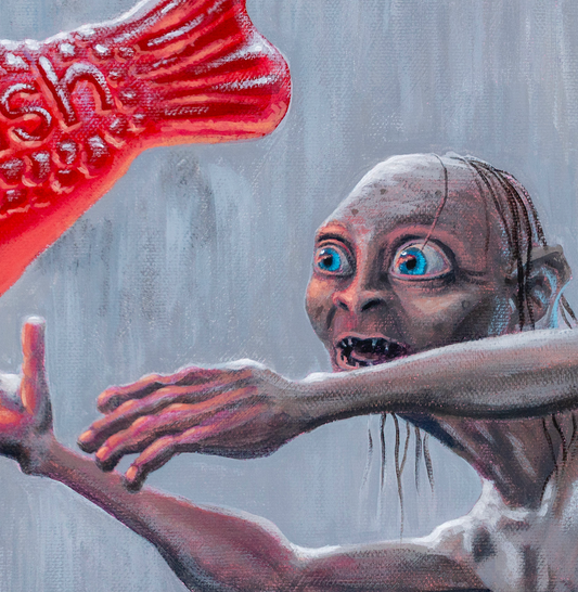 Close up Gollum with a Swedish Fish Original Painting in the Lord of the Rings Ring Pops collection by Sally Hastings