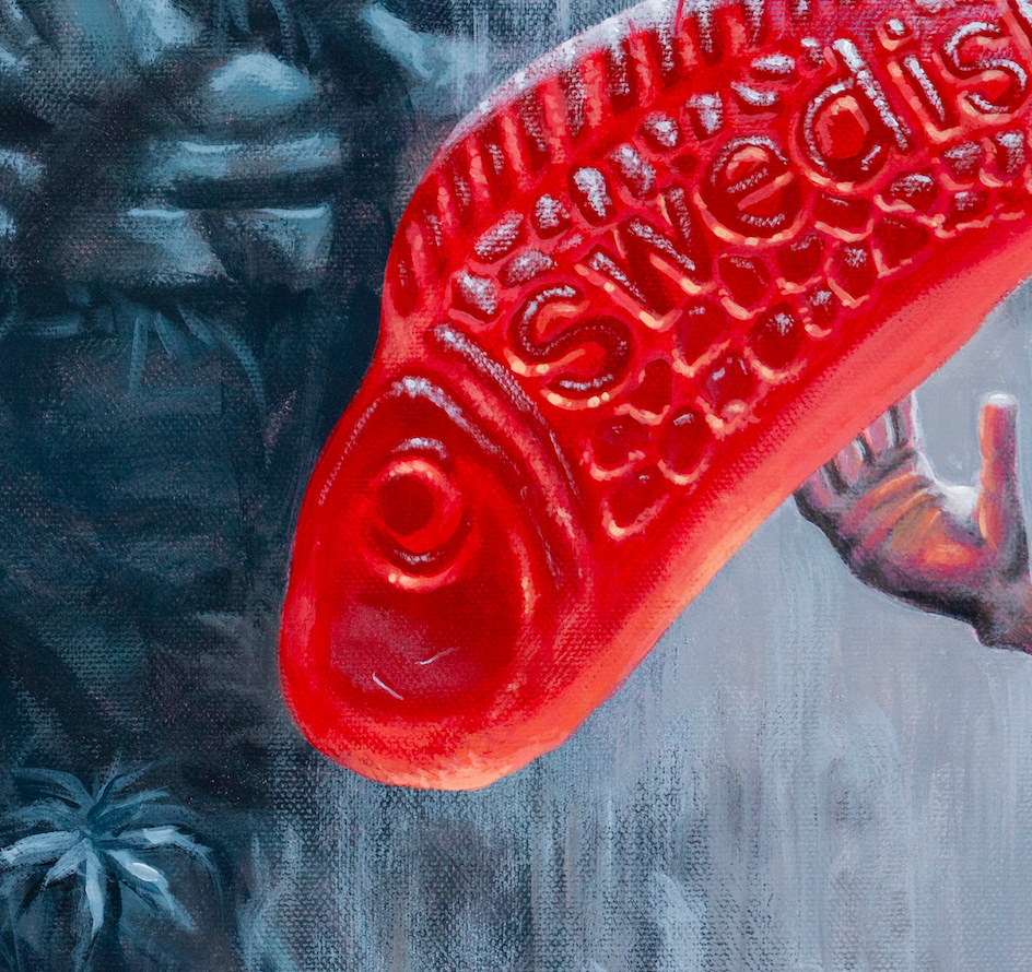 close up Gollum with a Swedish Fish Original Painting in the Lord of the Rings Ring Pops collection by Sally Hastings