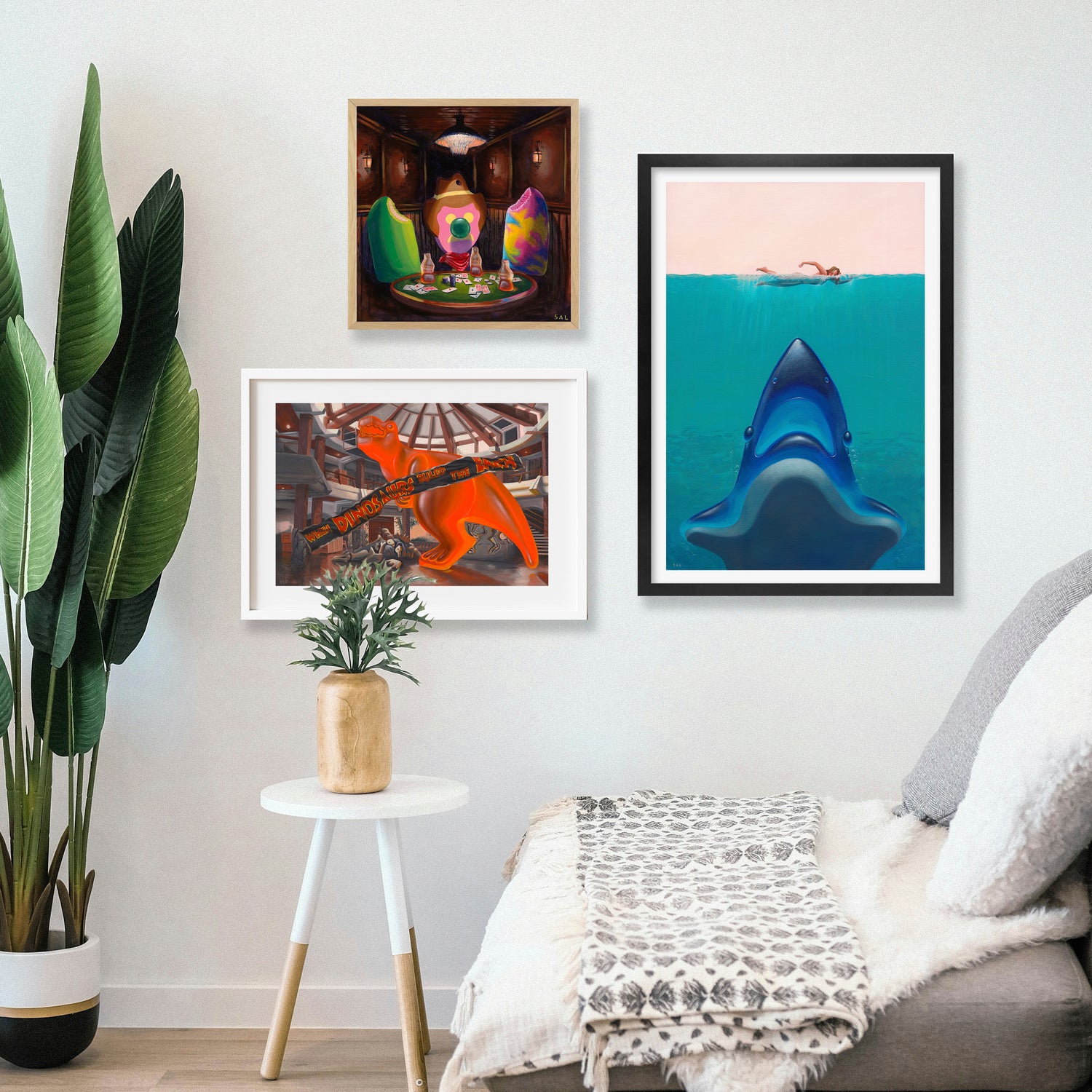 interior styling fine art pop art prints framed and hanging on the wall. Prints include Bubble o bill, jaws poster and gummy dinosaur
