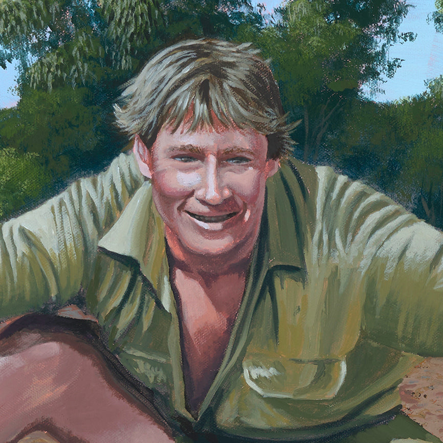 Steve Irwin “Crikey she’s a beaut!” gummy snake pop art Original Painting close up view of face