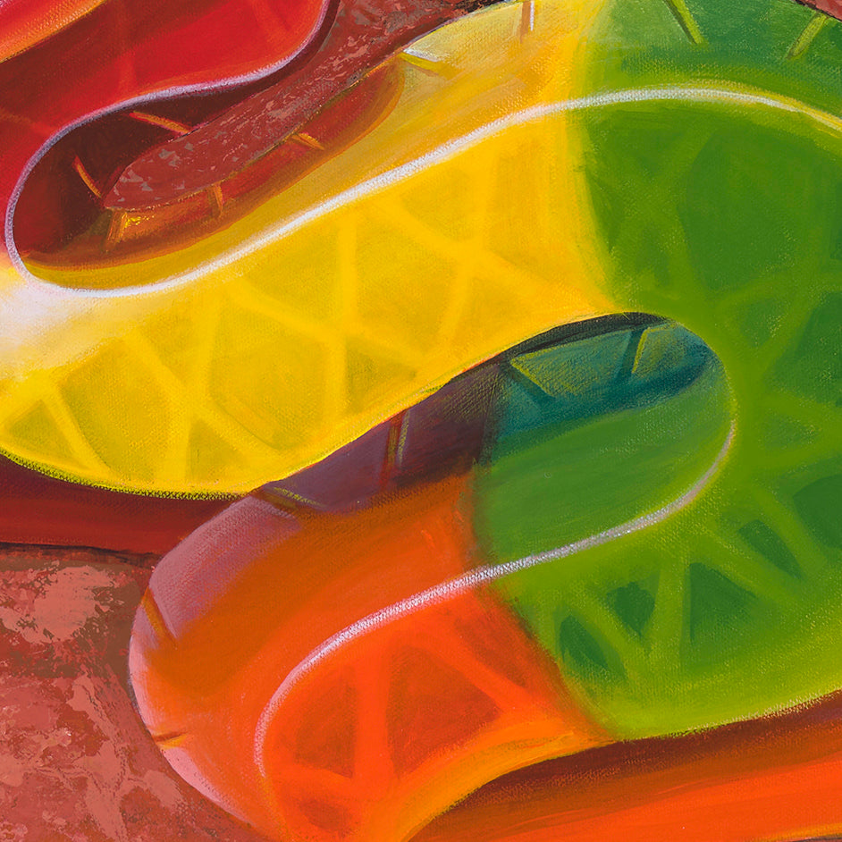 Steve Irwin “Crikey she’s a beaut!” gummy snake pop art Original Painting close up view of the gummy snake