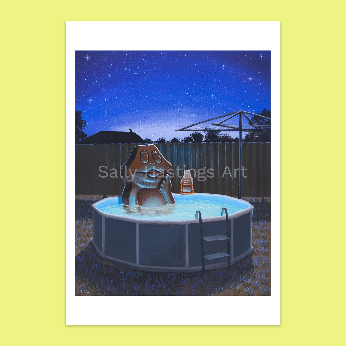 A vertical art print featuring a whimsical illustration of a freddo frog sitting in a backyard above-ground pool at night under a starry blue sky. 