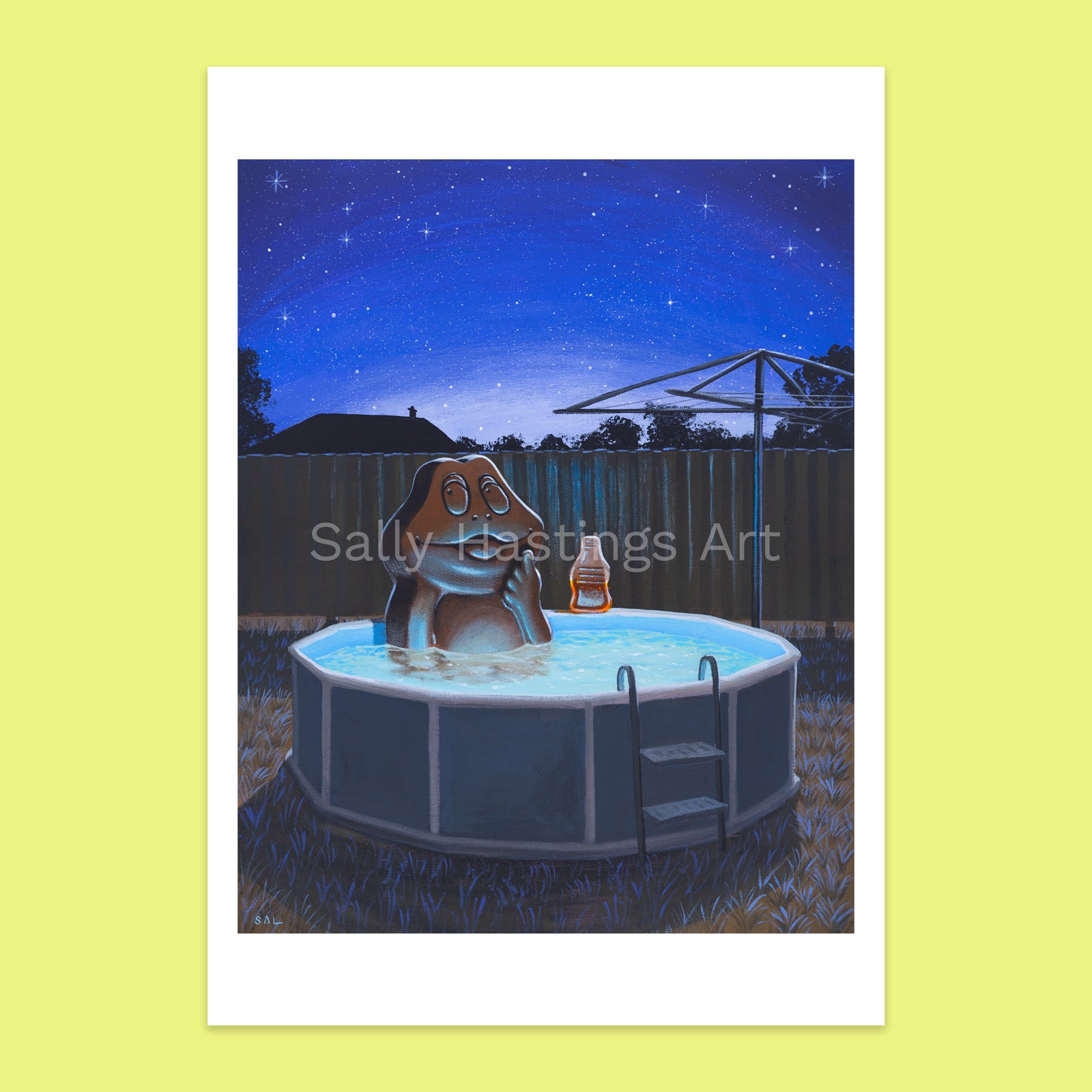 A vertical art print featuring a whimsical illustration of a freddo frog sitting in a backyard above-ground pool at night under a starry blue sky. 