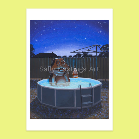 A vertical art print featuring a whimsical illustration of a freddo frog sitting in a backyard above-ground pool at night under a starry blue sky. 