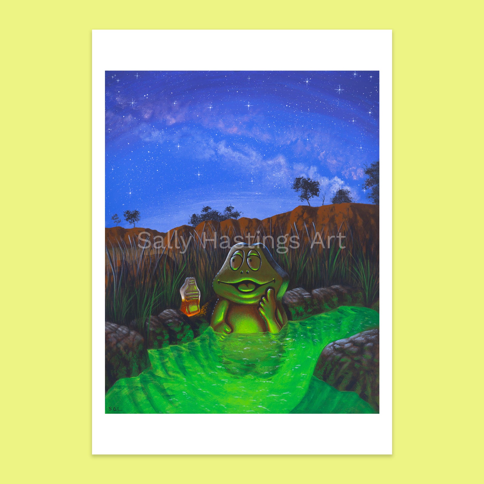 A vertical art print featuring a whimsical illustration of a freddo frog sitting in a glowing green pool under a starry night sky.