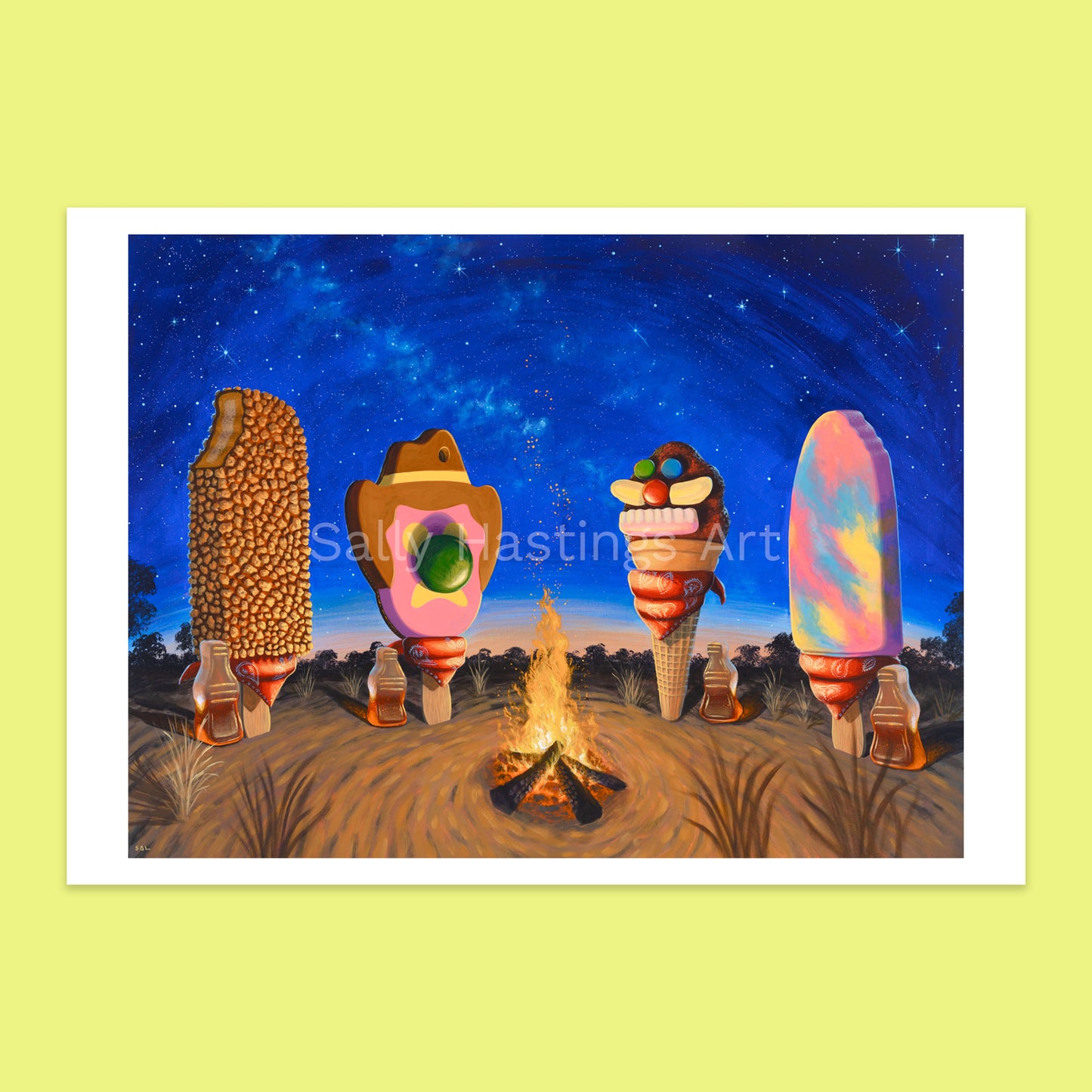 A surreal art print featuring four oversized ice cream and popsicle shapes standing around a campfire under a starry night sky, presented on a light yellow background with a white border.