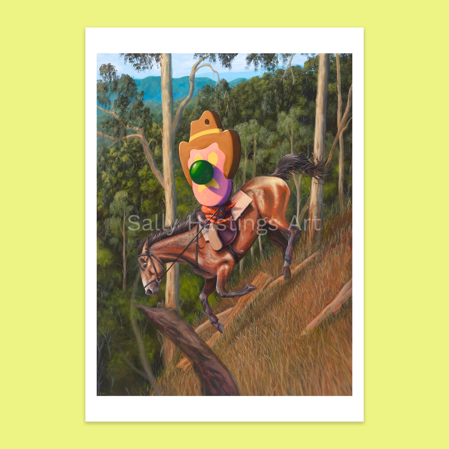 A surreal art print by Sally Hastings Art depicting a The Man From Snowy River riding a brown horse down the iconic mountain.