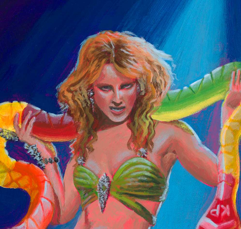 Britney Spears gummy snake original painting close up view of her face