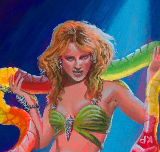 Britney Spears gummy snake original painting close up view of her face