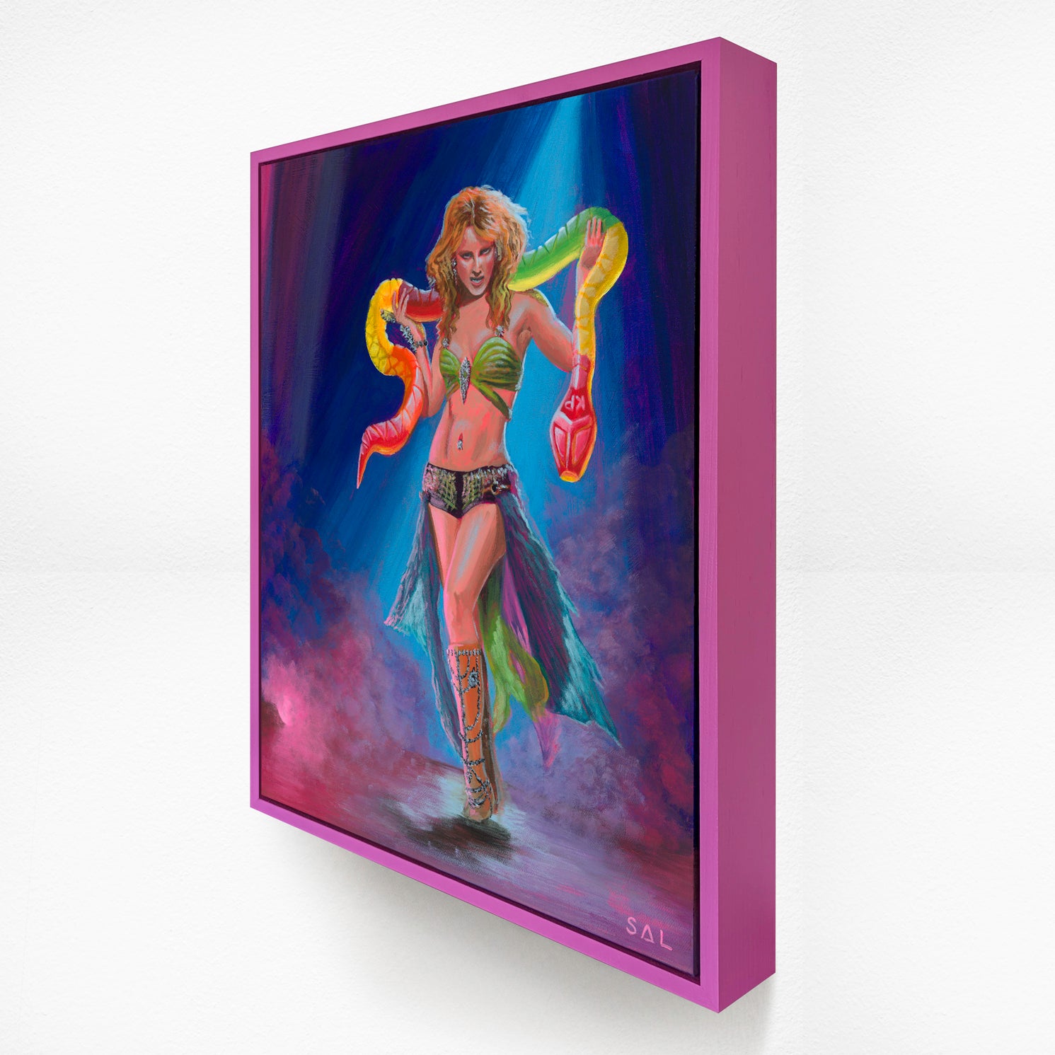 Britney Spears gummy snake original painting side view with pink frame