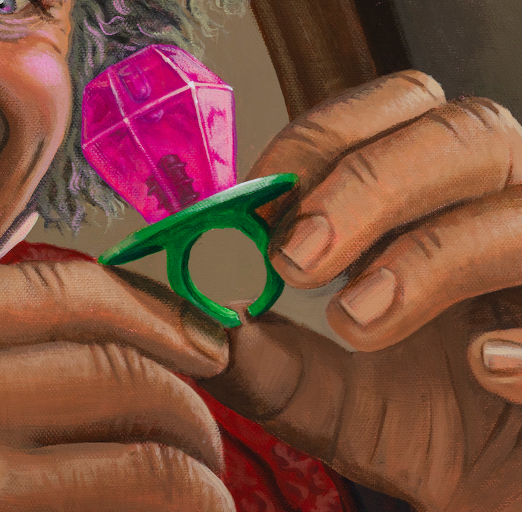 close up Bilbo Baggins with a Ring Pop Original Painting in the Lord of the Rings Ring Pops collection by Sally Hastings
