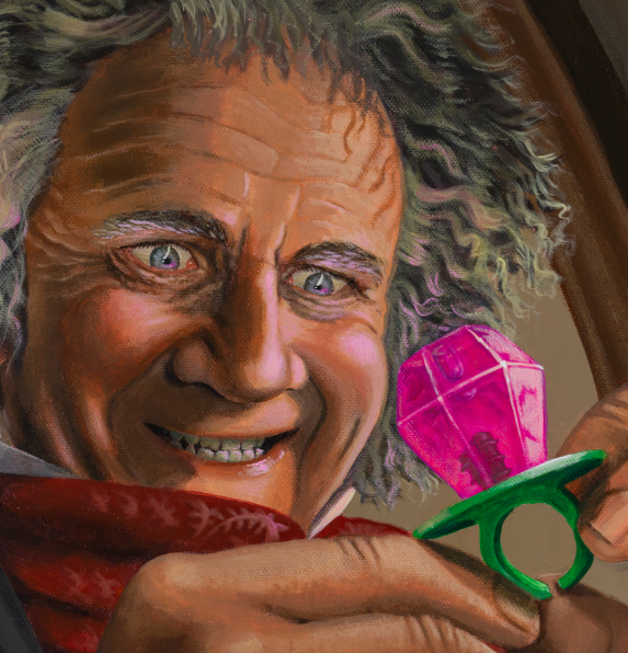 close up Bilbo Baggins with a Ring Pop Original Painting in the Lord of the Rings Ring Pops collection by Sally Hastings