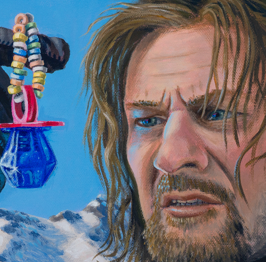 close up Boromir holding a ring pop and candy necklace Original Painting in the Lord of the Rings Ring Pops collection by Sally Hastings