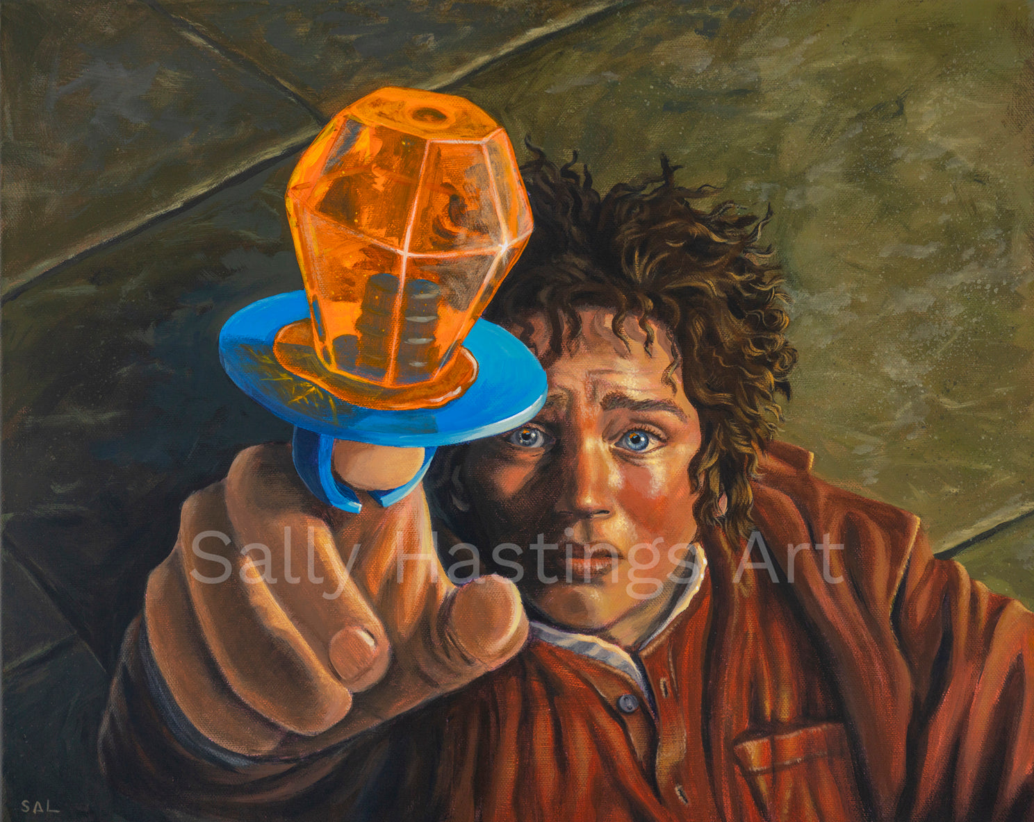 Frodo at the Prancing Pony Original Painting in the Lord of the Rings Ring Pops collection by Sally Hastings
