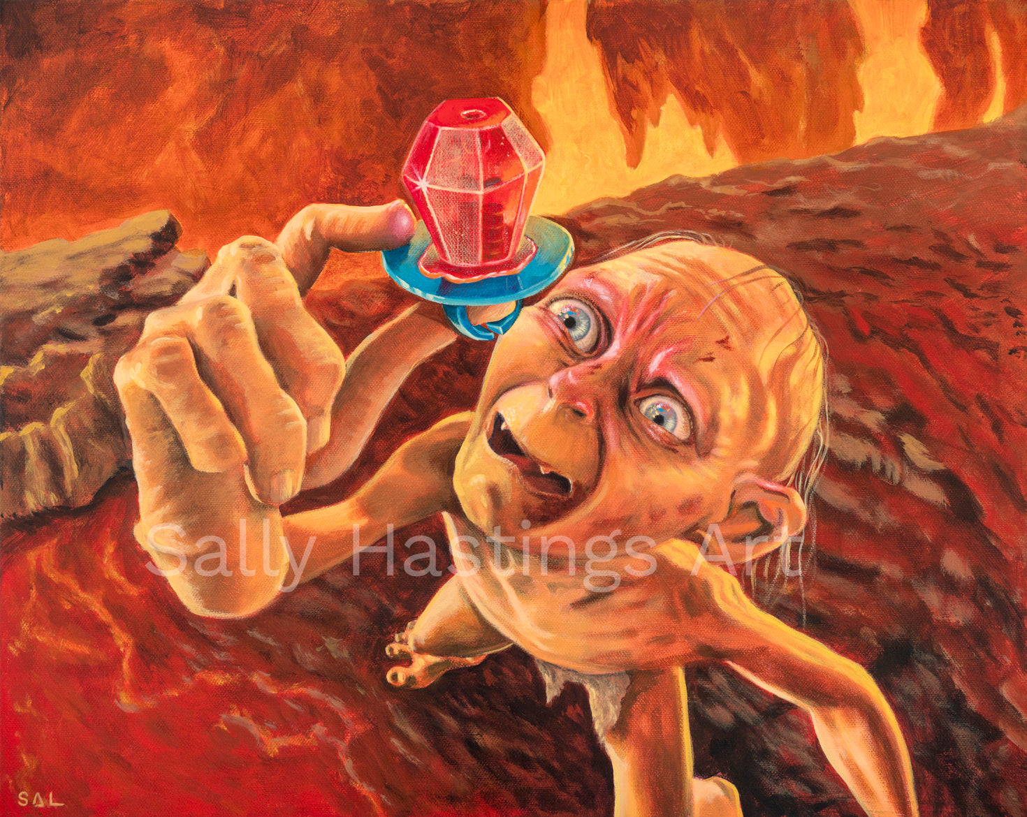 Gollum with his precious Original Painting in the Lord of the Rings Ring Pops collection by Sally Hastings