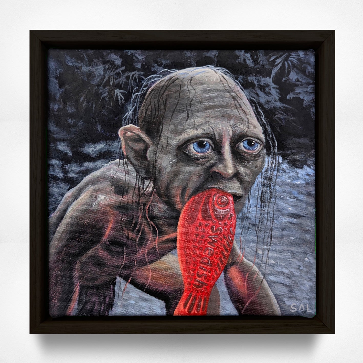 Gollum with a Swedish Fish Mini Original Painting in the Lord of the Rings Ring Pops collection by Sally Hastings