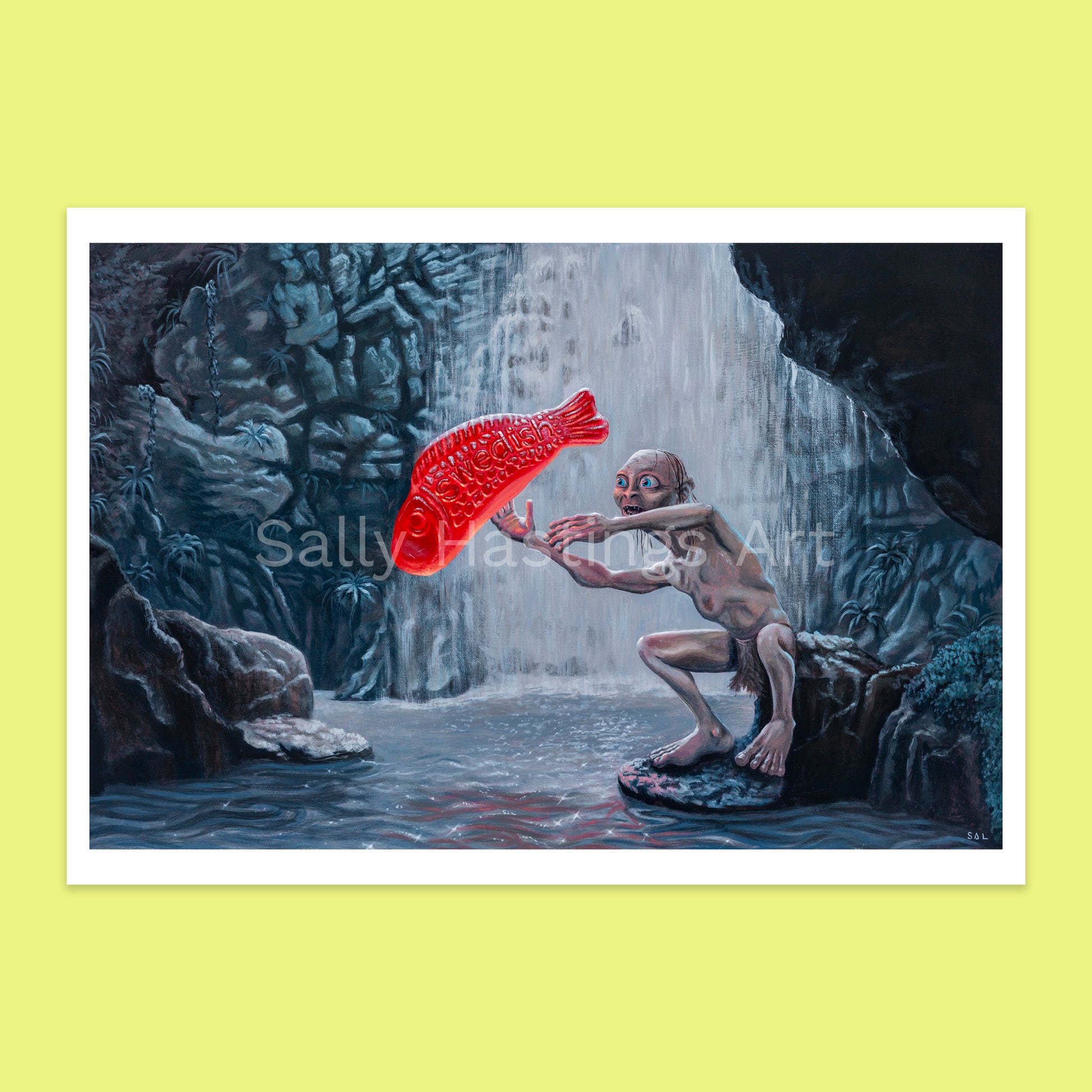 Gollum with a Swedish Fish in Lord of the Rings Ring Pops limited edition pop art print.
