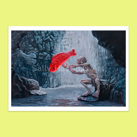 Gollum with a Swedish Fish in Lord of the Rings Ring Pops limited edition pop art print.
