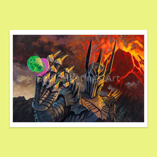 Dark Lord Sauron in front of Mt Doom with a Ring Pop Lord of the Rings Ring Pops limited edition pop art print.
