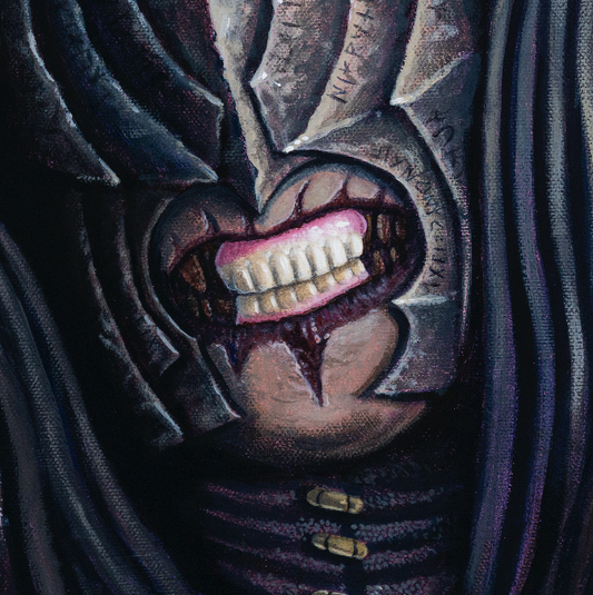close up Mouth of Sauron with gummy lolly teeth Original Painting in the Lord of the Rings Ring Pops collection by Sally Hastings
