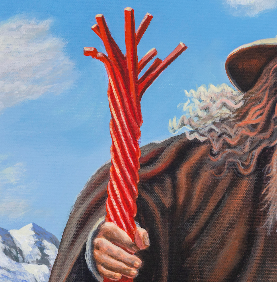 close up Gandalf with a Twizzler Original Painting in the Lord of the Rings Ring Pops collection by Sally Hastings