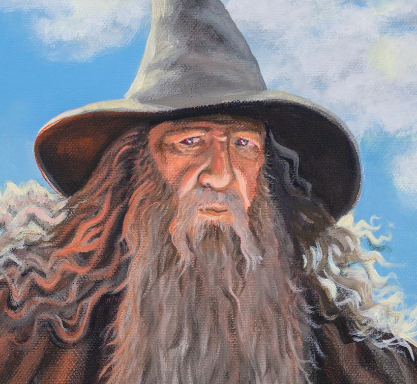 close up Gandalf with a Twizzler Original Painting in the Lord of the Rings Ring Pops collection by Sally Hastings