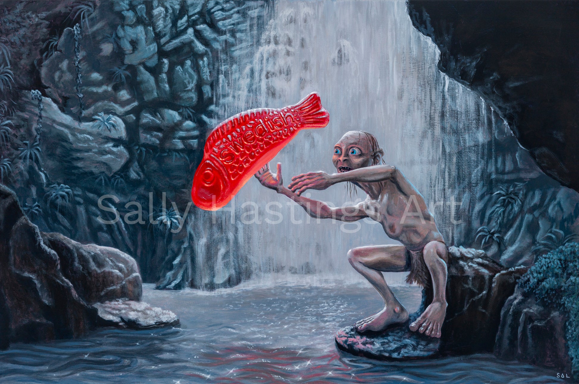 Gollum with a Swedish Fish Original Painting in the Lord of the Rings Ring Pops collection by Sally Hastings
