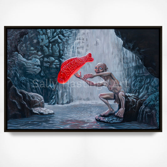 Gollum with a Swedish Fish Original Painting in the Lord of the Rings Ring Pops collection by Sally Hastings