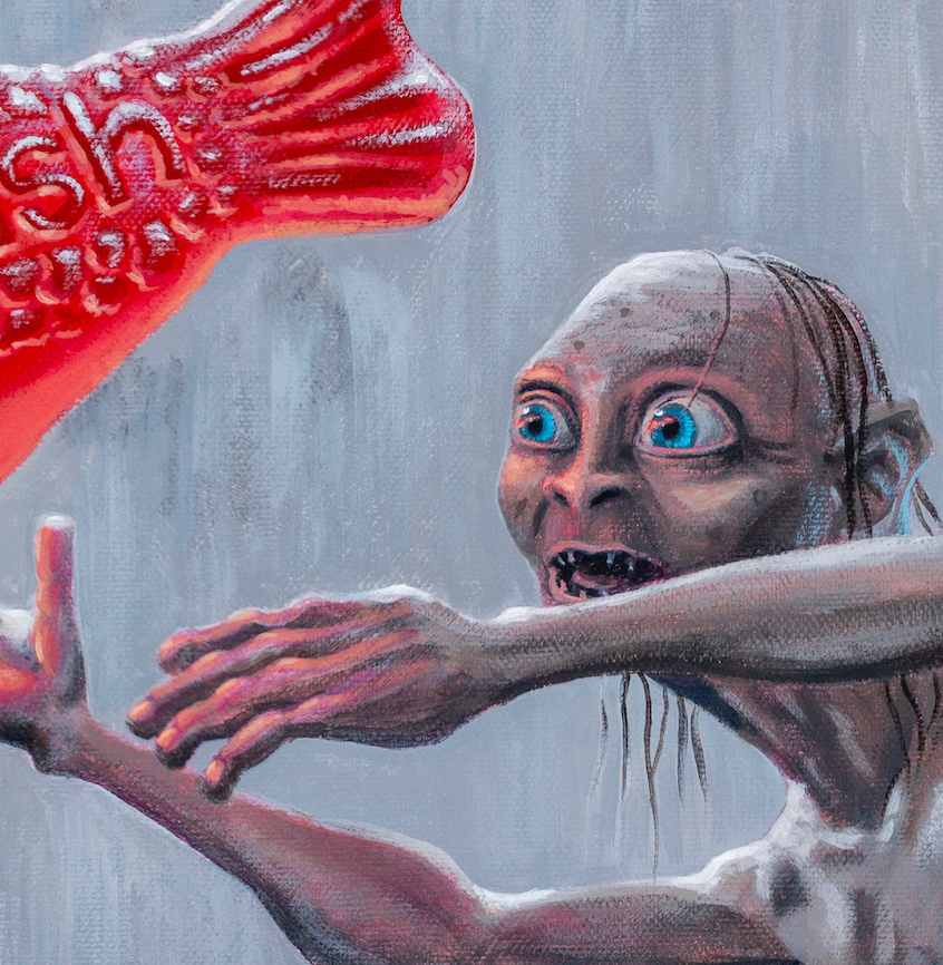 Close up Gollum with a Swedish Fish Original Painting in the Lord of the Rings Ring Pops collection by Sally Hastings