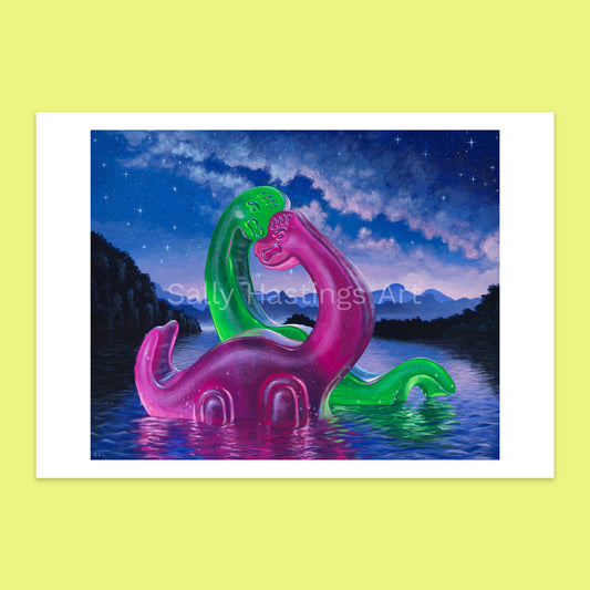 Colourful jurassic park gummy dinosaurs in a lake with starry night sky. limited edition print signed by Sally Hastings