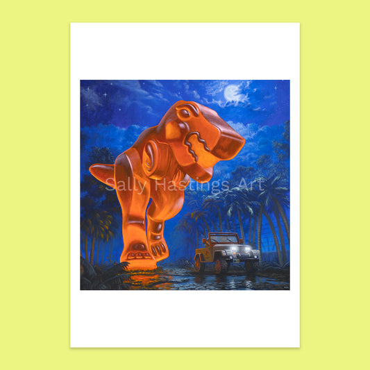 Painting of a large gummy dinosaur T-Rex in a jungle setting with a Jeep, limited edition print signed 'Sally Hastings Art'.